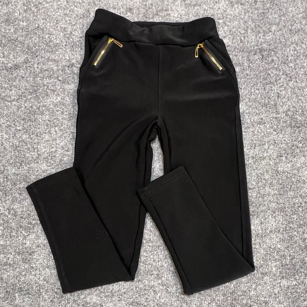 Shosho Knit Pants Kids Size 10/12 Black Gold Zipper Accent Stretch
